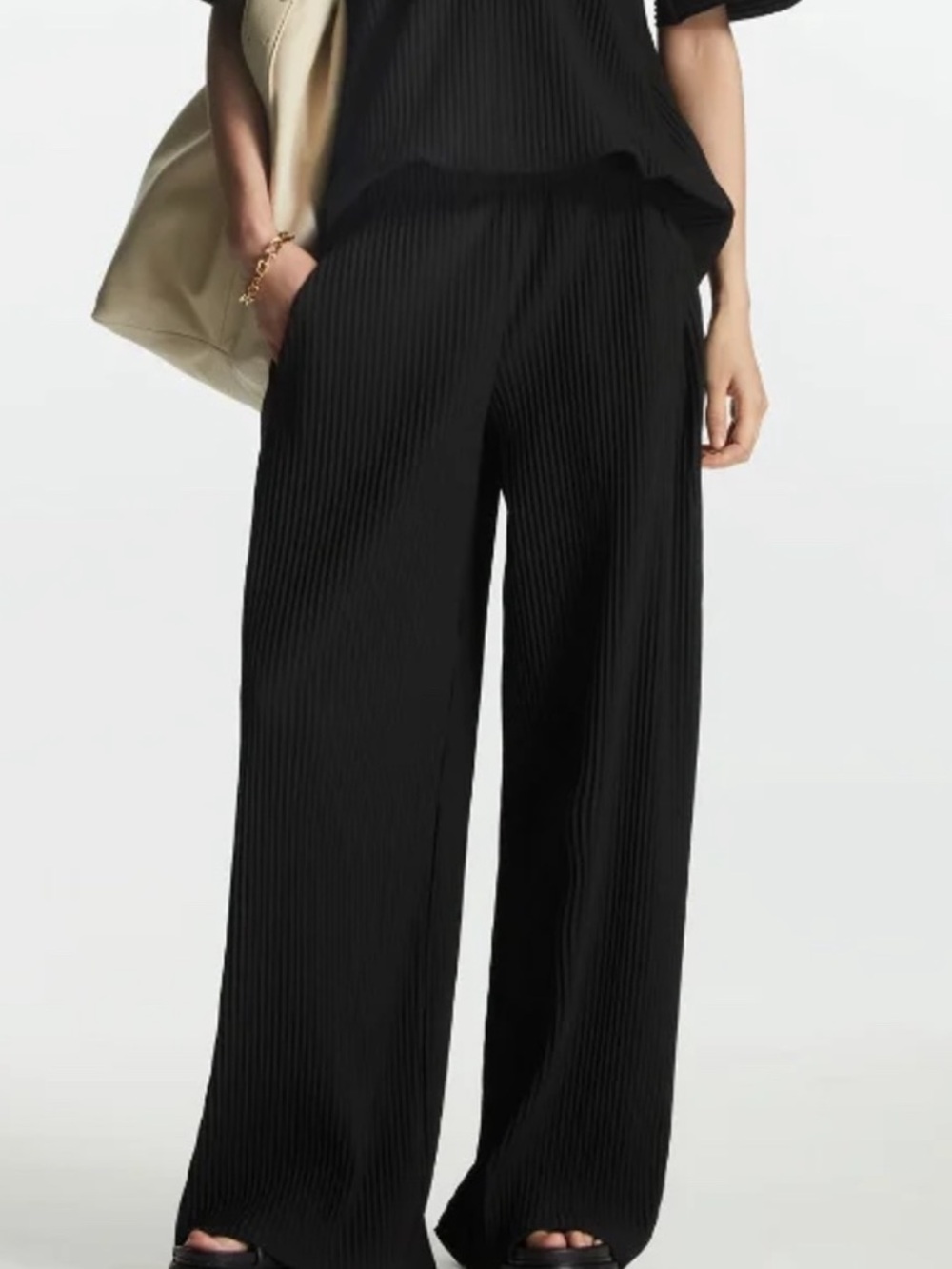 COS Pleated Plisse Elasticated Waist Pants Black Small Minimal